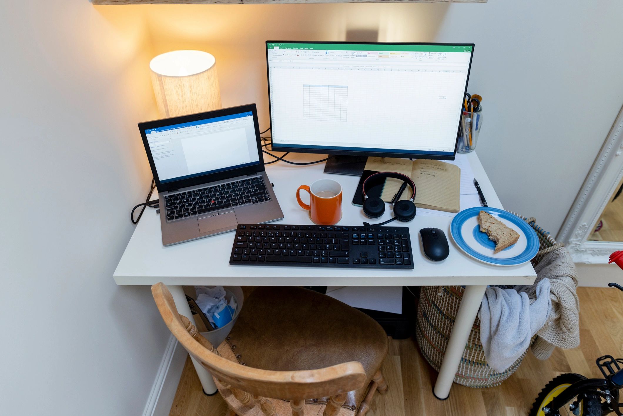 Home office desk with multiple screens