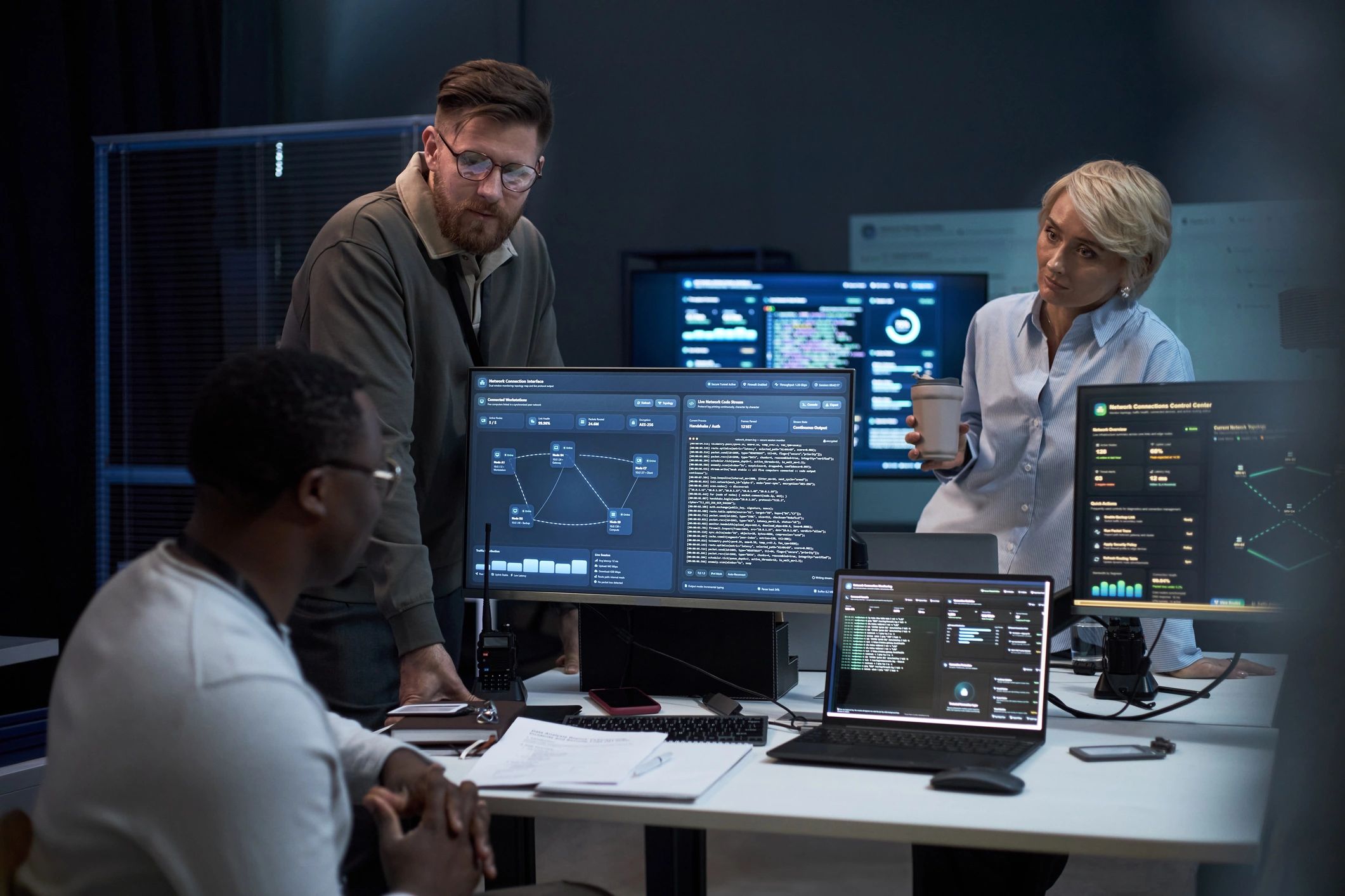 IT team reviewing cybersecurity data in an operations center